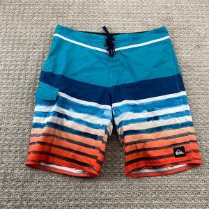 QUIKSILVER Swim Trunks Men 34 Blue Teal Orange Striped Bathing Suit Board Shorts